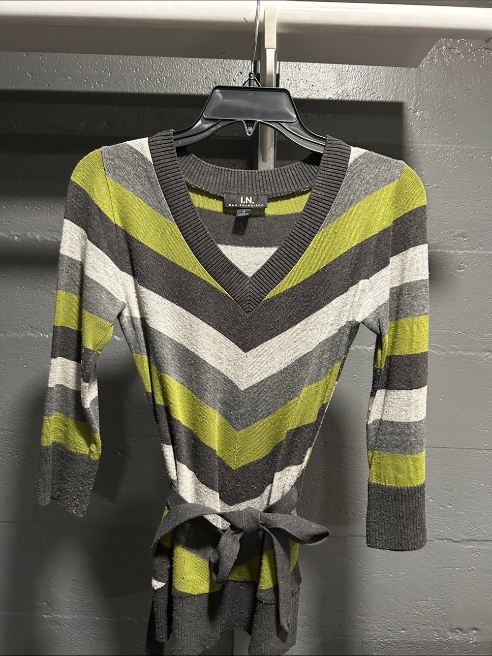 I.N. San Francisco Olive, Charcoal & Light Gray Chevron V-Neck Tie-Waist Sweater